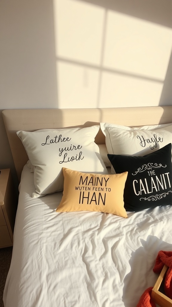A collection of personalized throw pillows on a bed.