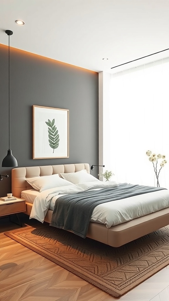 A modern minimalist bedroom featuring a floating bed frame with a neutral color palette.