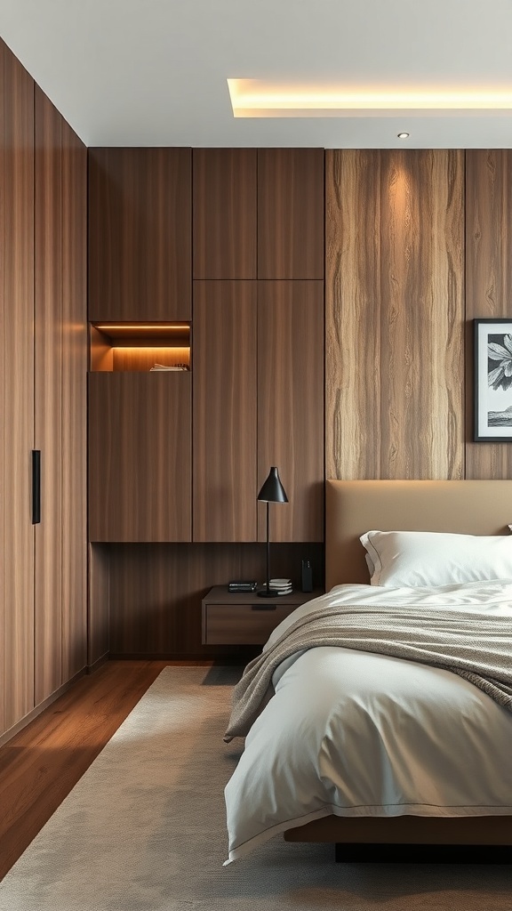 A modern minimalist bedroom featuring integrated storage solutions with wooden cabinets and a cozy bed.