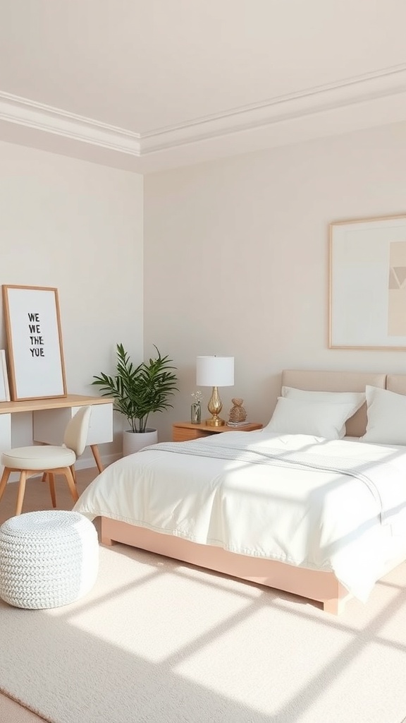 A minimalist bedroom featuring soft pastel accents with a light color palette.