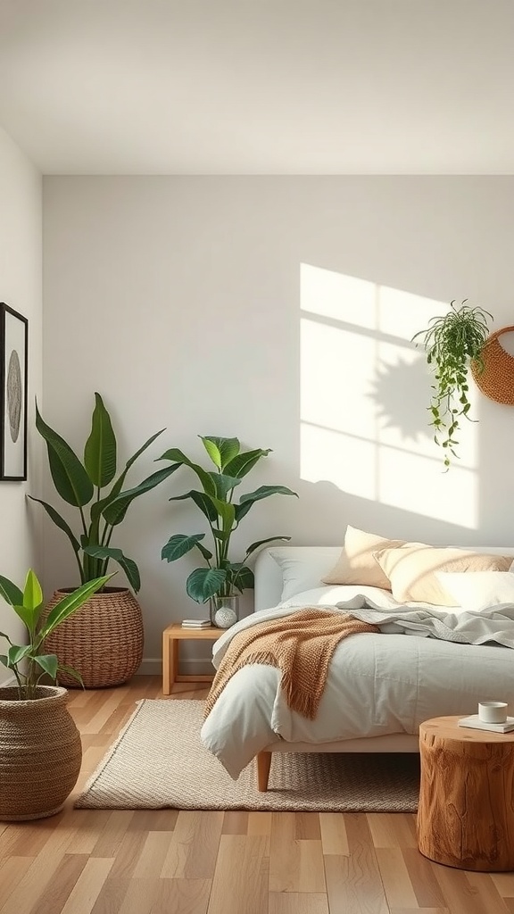 A minimalist bedroom featuring natural elements like plants and wooden furniture.