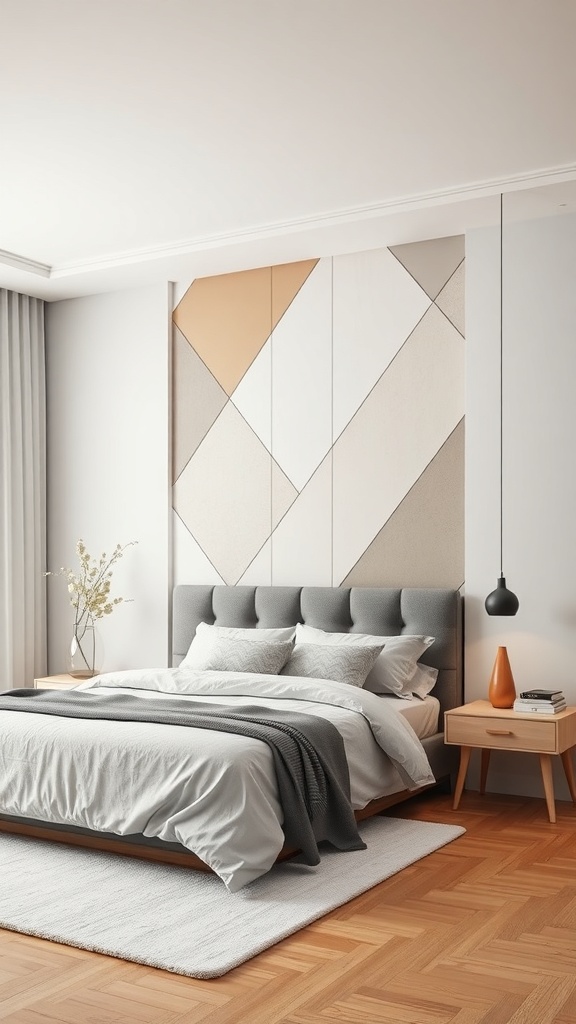 A modern minimalist bedroom featuring a geometric accent wall with soft colors.
