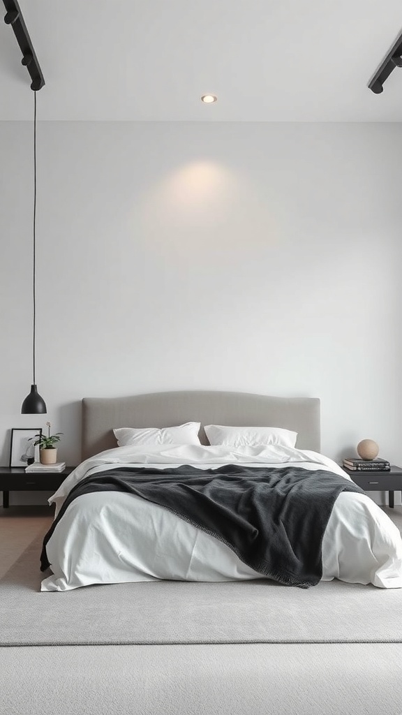 A minimalist bedroom featuring a gray bed with white linens and a black throw, complemented by simple decor.