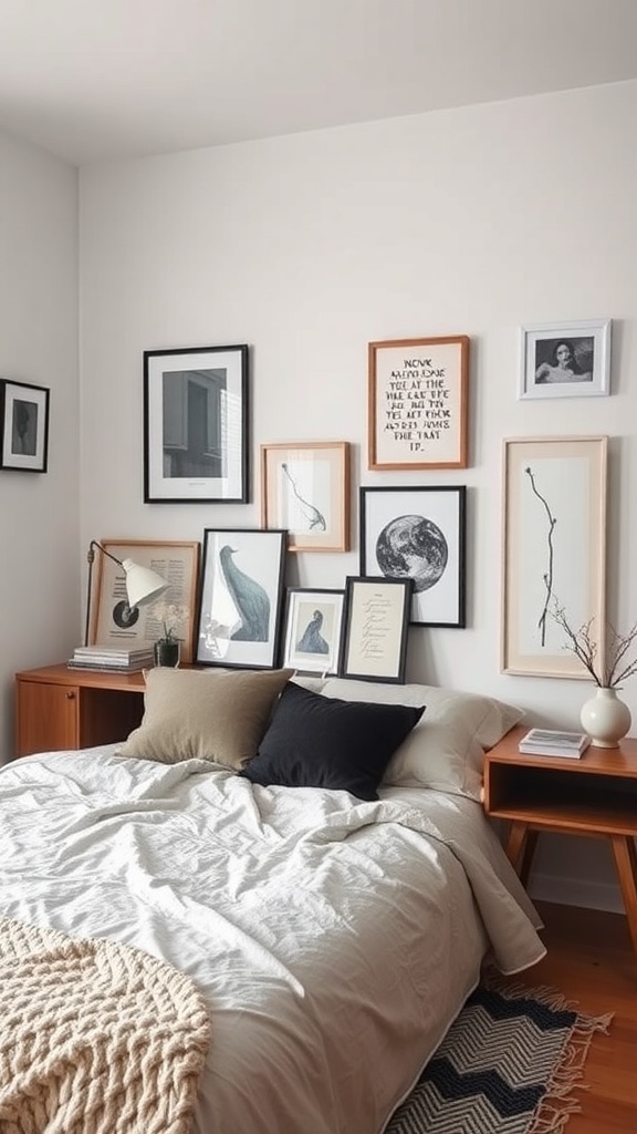 A minimalist bedroom featuring a bed with neutral bedding, wooden nightstands, and an artfully arranged gallery wall.