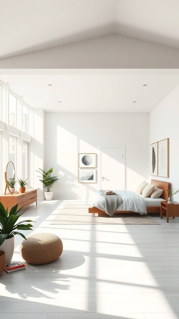 Minimalist bedroom with an open floor plan, featuring large windows and natural light.