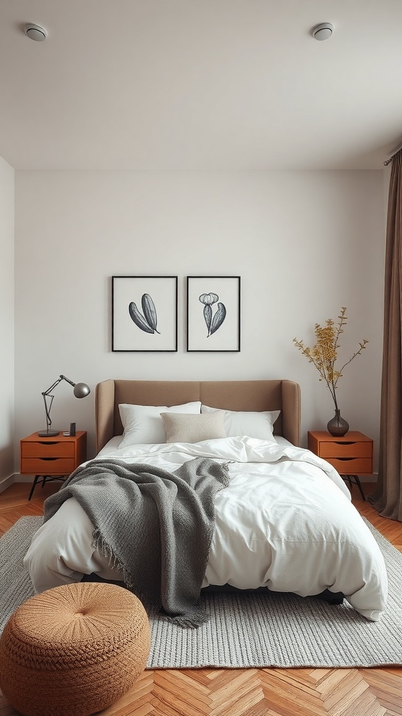 A modern minimalist bedroom featuring a cozy bed, stylish decor, and warm colors.