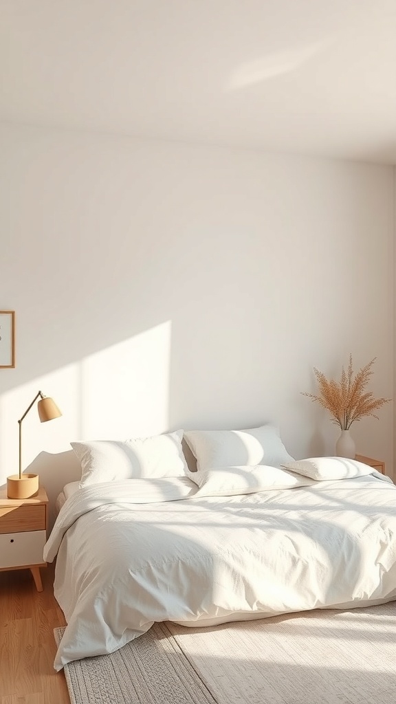 A minimalist bedroom with neutral colors, featuring a bed with white bedding, a wooden nightstand, and a soft rug.