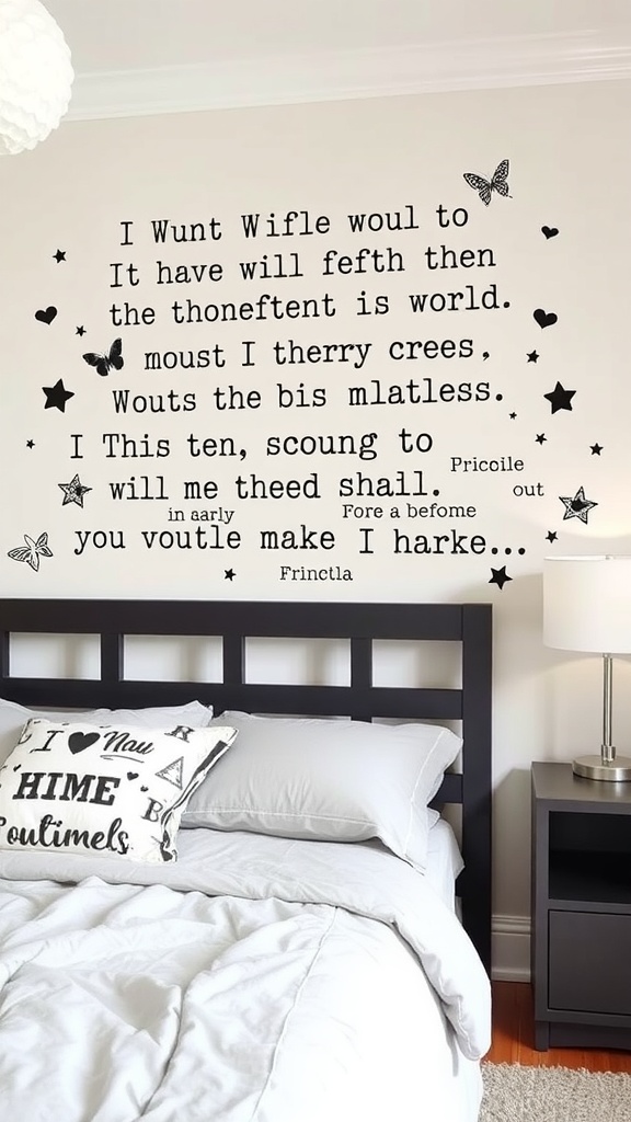 Customizable wall decals in a bedroom with a bed and nightstand.