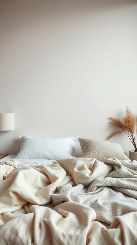 A cozy bed with layered textiles, featuring soft blankets and pillows in neutral tones.