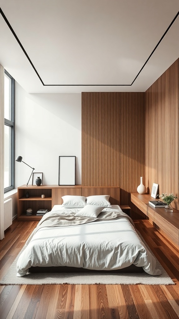 A modern minimalist bedroom featuring multi-functional furniture with a wooden bed and integrated storage.