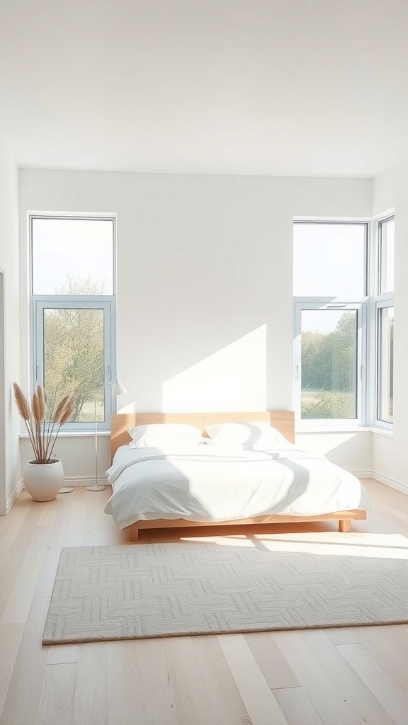 A minimalist bedroom featuring large windows that allow natural light to flood the space.