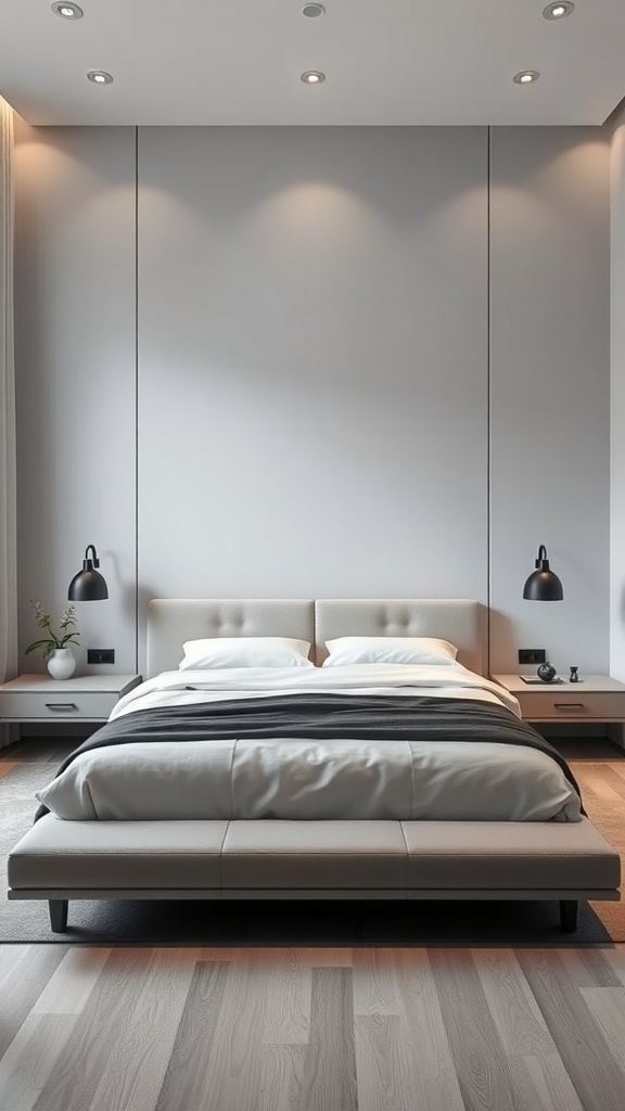 A modern minimalist bedroom featuring a low-profile bed, sleek lines, and subtle decor.