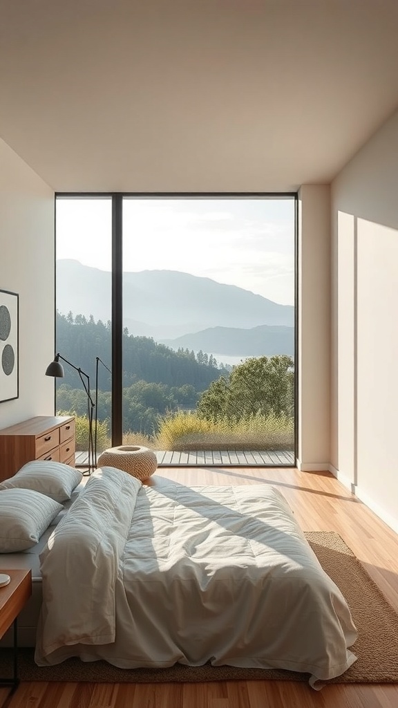 Modern minimalist bedroom with large windows showcasing outdoor views.