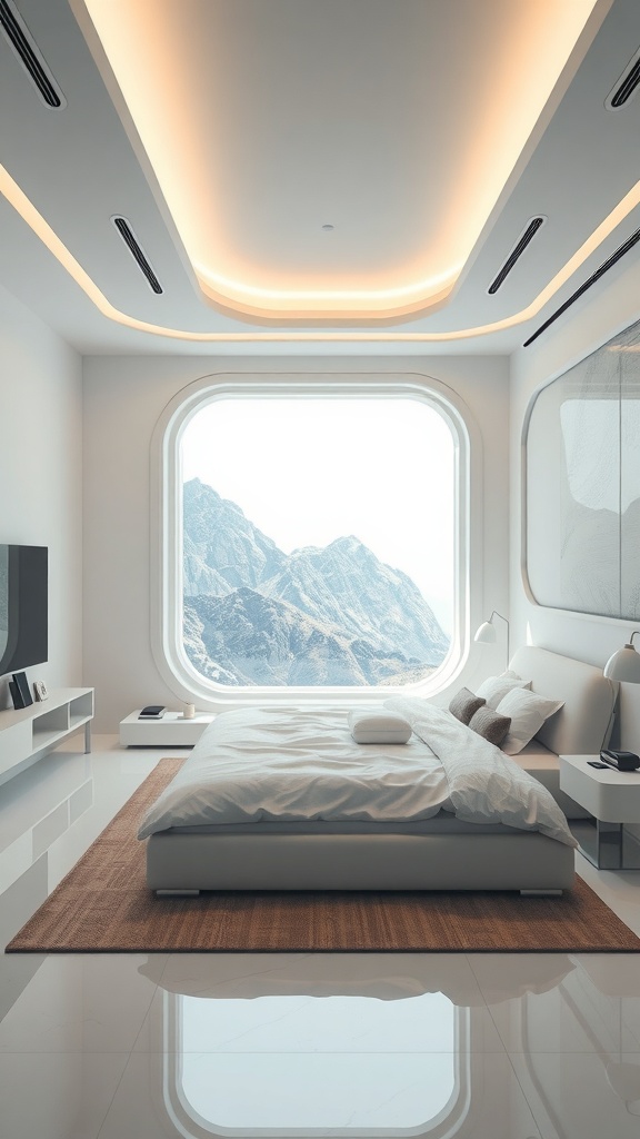 A modern minimalist bedroom featuring smart technology and a scenic mountain view.