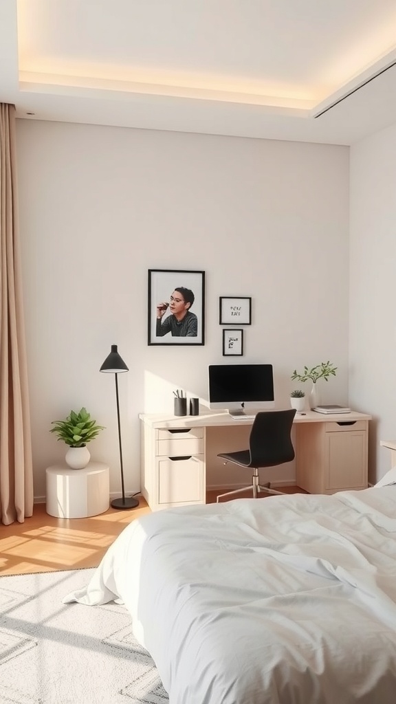 A minimalist workspace corner featuring a desk, chair, and plants in a bright bedroom.