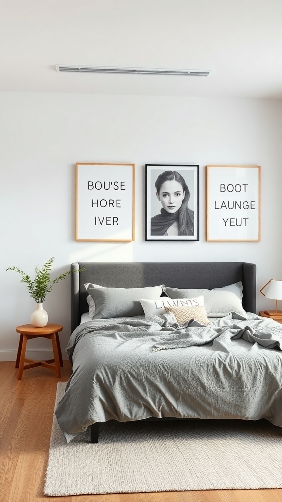 A modern minimalist bedroom featuring a gray bed, simple artwork on the wall, and a cozy atmosphere.