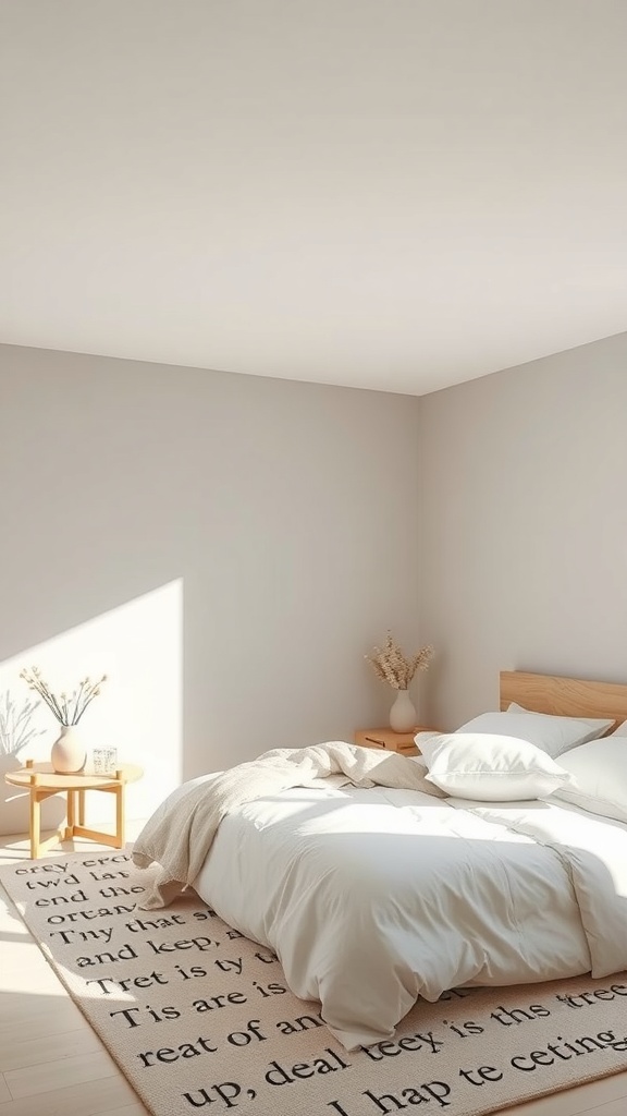 A minimalist bedroom with soft neutral tones, featuring a bed with white bedding and light wooden furniture.