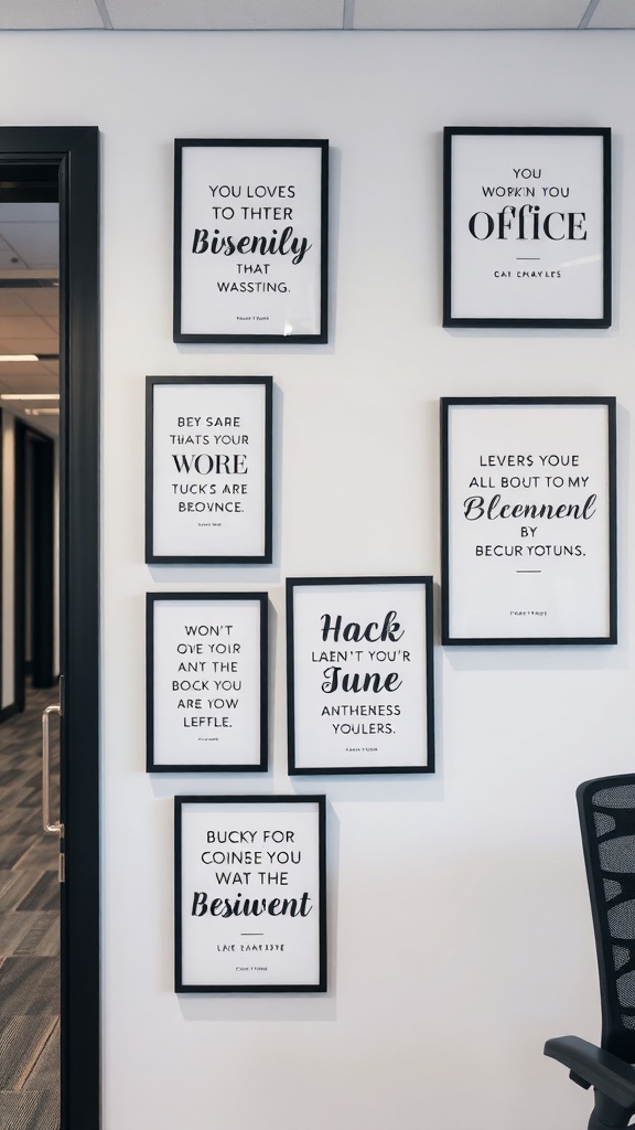 A wall with various framed inspirational quotes in a home office setting.