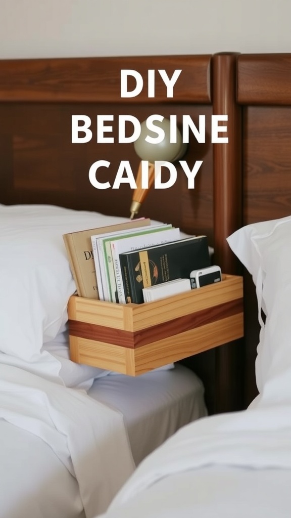 A wooden bedside caddy holding books and a phone next to a bed.