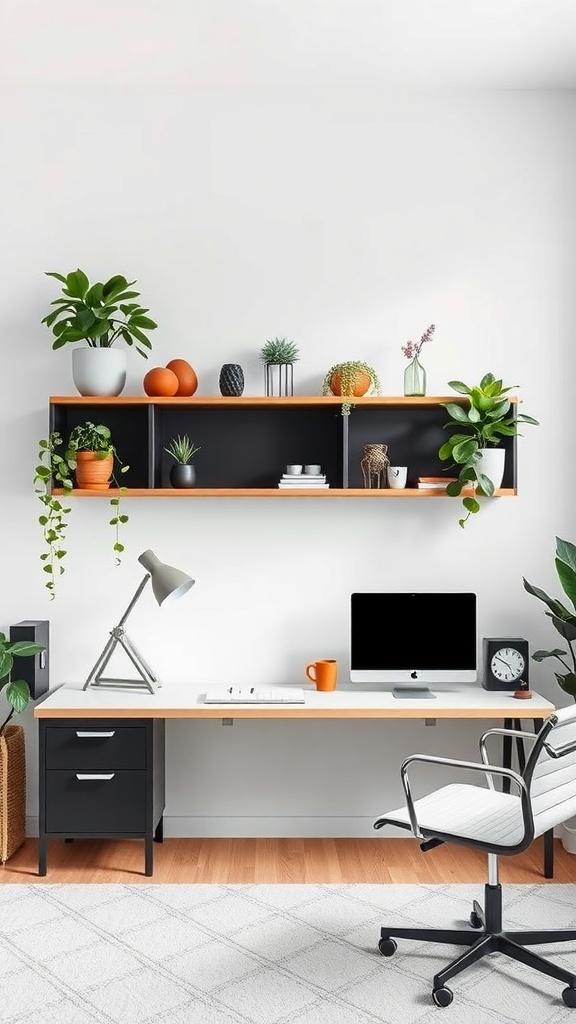 A stylish home office featuring floating shelves adorned with various plants and decorative items.