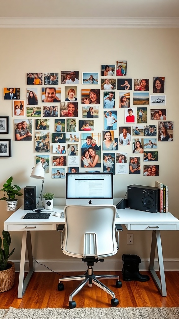 A home office with a personalized photo collage on the wall.