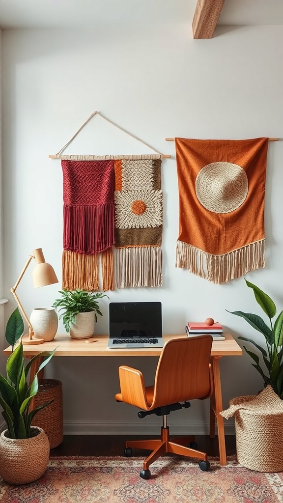 A cozy home office featuring textured fabric wall hangings in warm colors, with a wooden desk and plants.