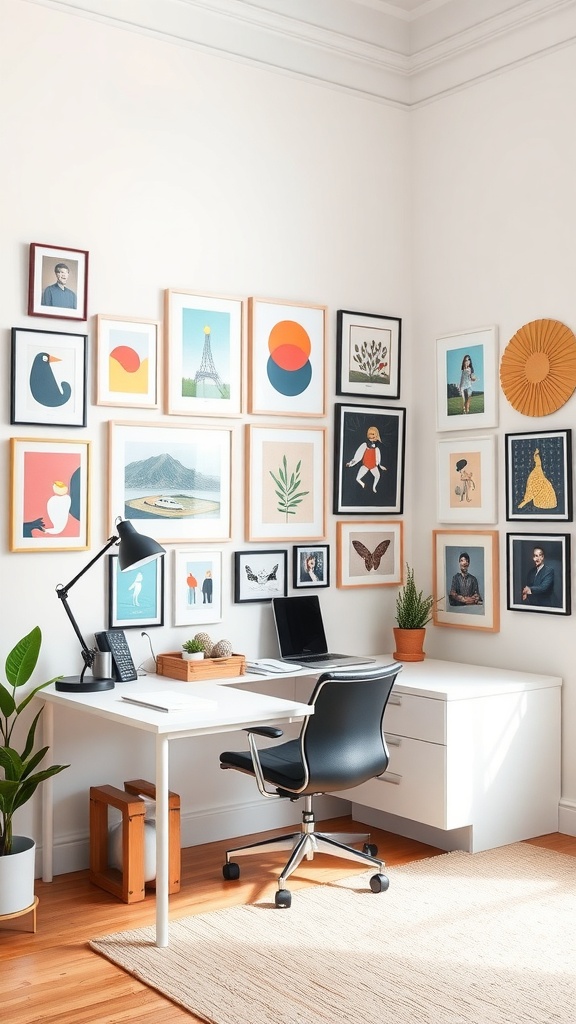 Gallery wall featuring various art prints in a home office setting.