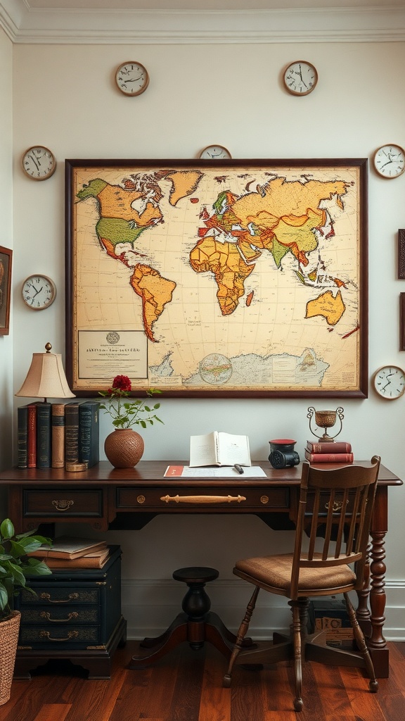 Vintage map displayed in a home office with a wooden desk and decorative elements.