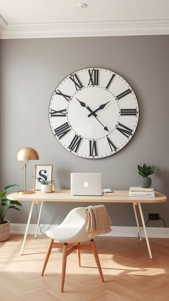 A stylish wall clock with large Roman numerals in a modern home office setting.
