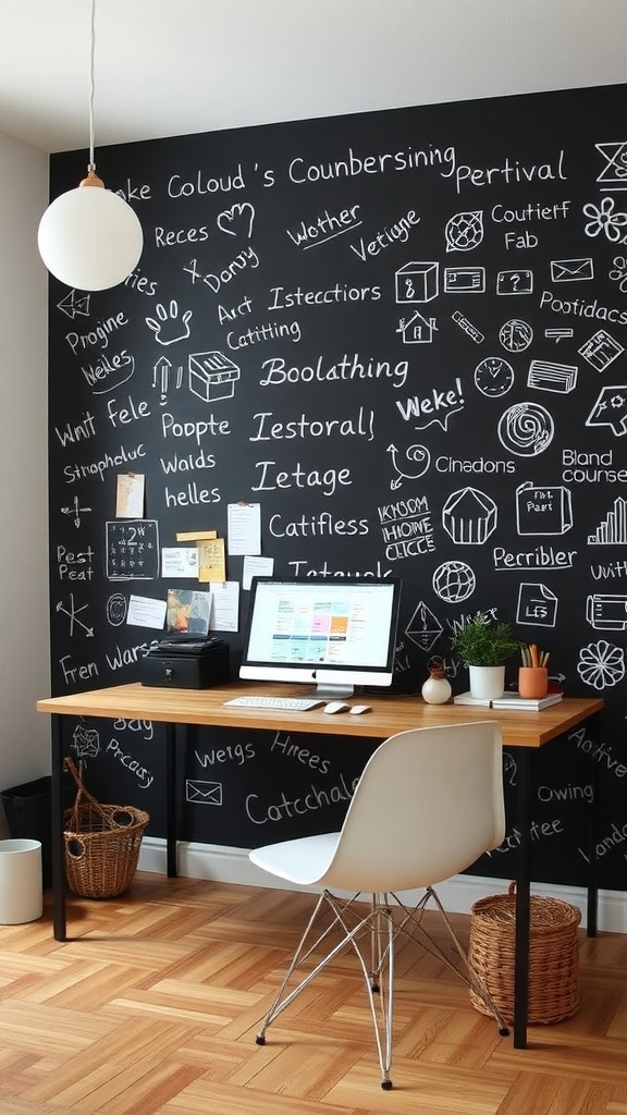 Home office with a chalkboard paint accent wall, featuring drawings and notes.