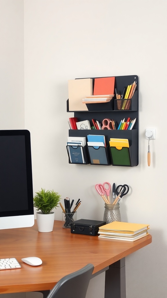 A wall-mounted desk organizer with colorful stationery and notebooks.