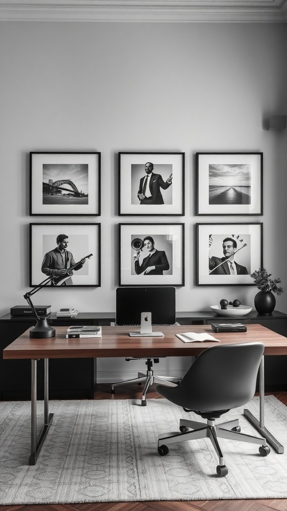 A stylish home office featuring classic black and white photography on the wall.