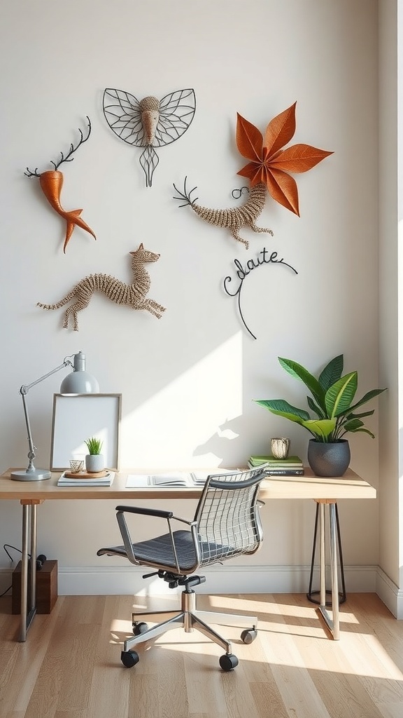 A stylish home office featuring metal art sculptures on the wall.