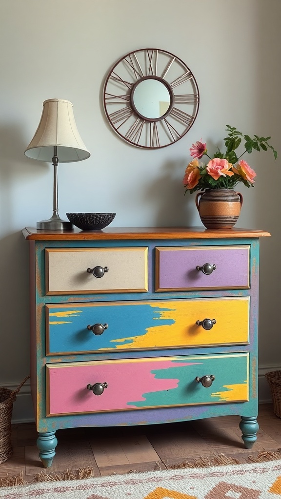 A colorful painted dresser with various hues and a lamp beside it.