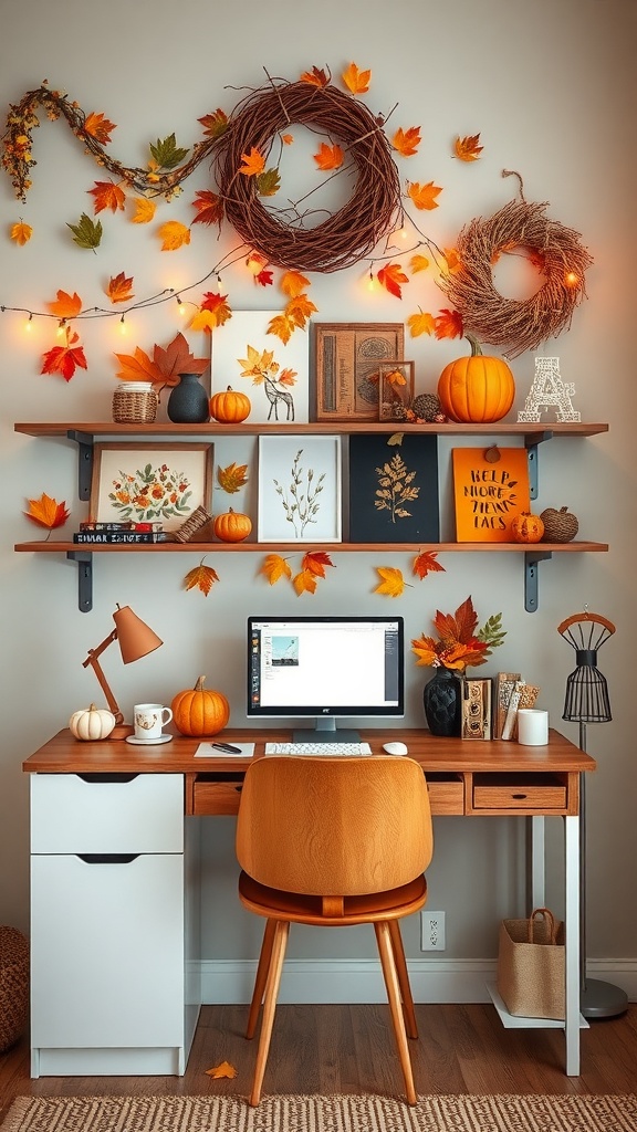 A cozy home office decorated for fall with pumpkins, autumn leaves, and warm colors.
