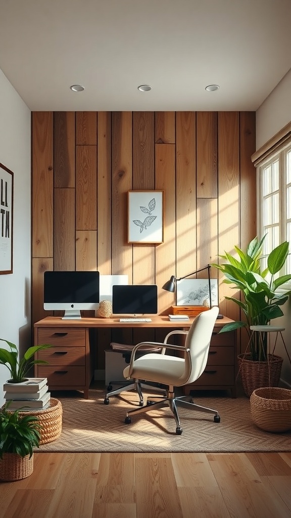 A cozy home office featuring rustic wood accent panels, modern furniture, and plants.