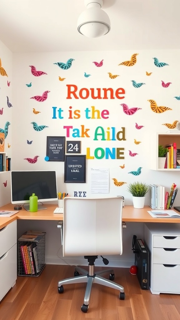 Colorful wall decals in a home office featuring butterflies and playful text.