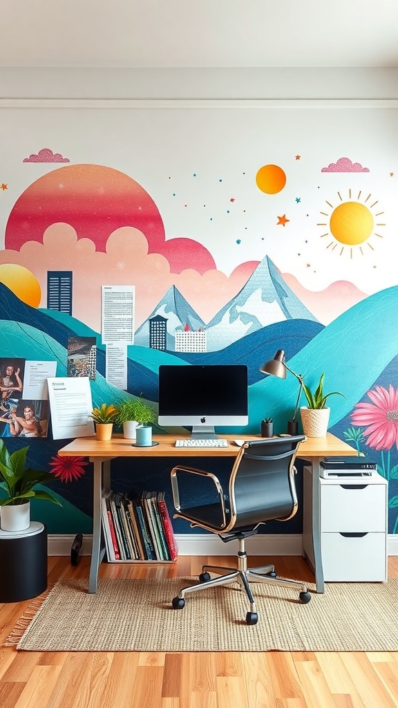 A colorful wall mural depicting mountains, sun, and clouds in a home office setting.