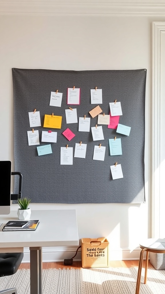 Bulletin board covered with fabric displaying colorful notes and reminders in a home office.