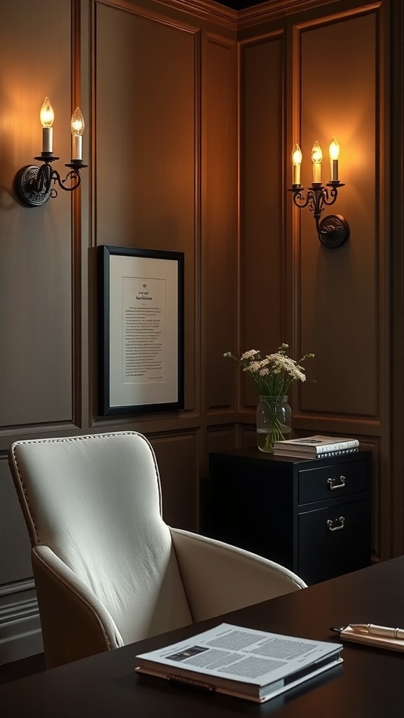 A cozy home office featuring elegant wall sconces, a white chair, and a black desk with decor.