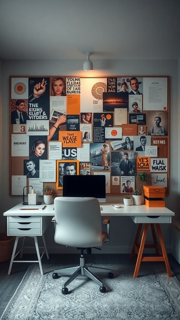 A stylish mood board with various images and quotes on a wall above a desk in a home office.