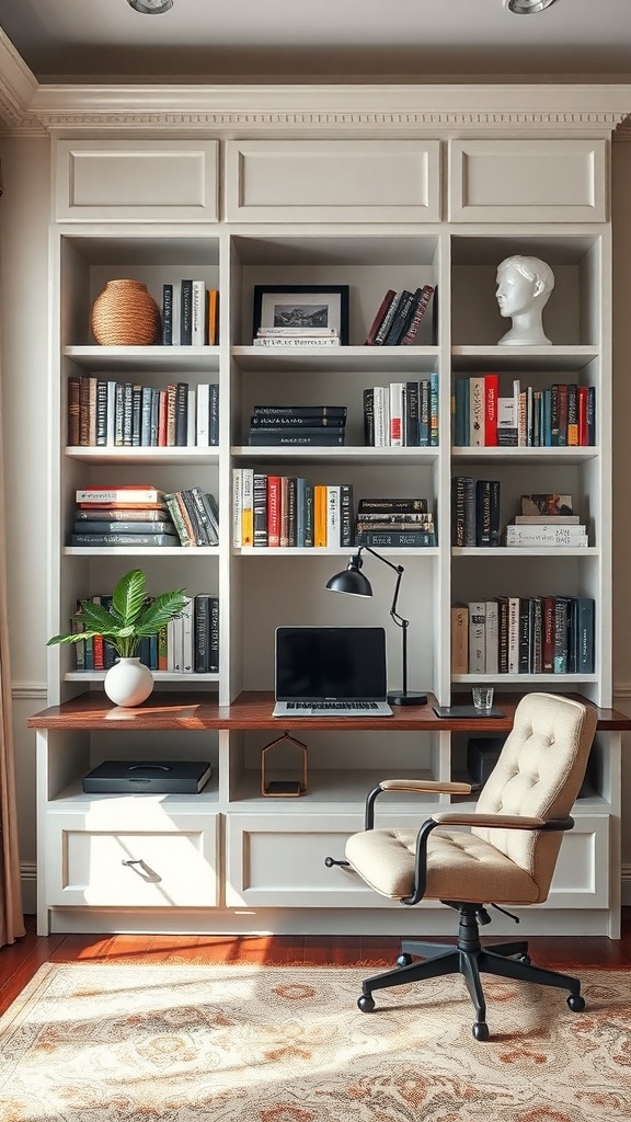 A stylish custom built-in bookcase in a home office, featuring books, decor, and a workspace.
