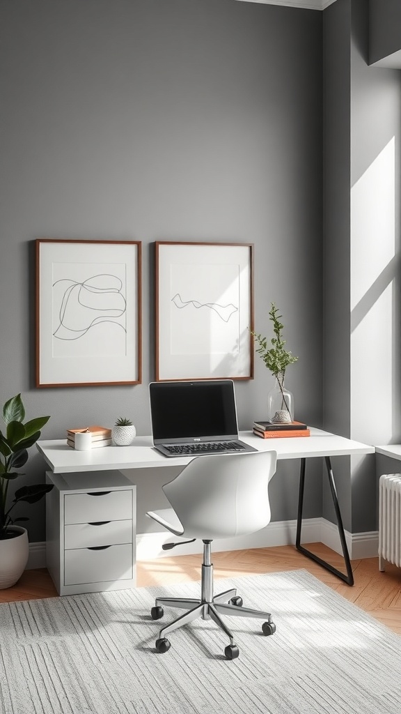 A minimalist home office featuring line art on the wall, a sleek desk, and a comfortable chair.