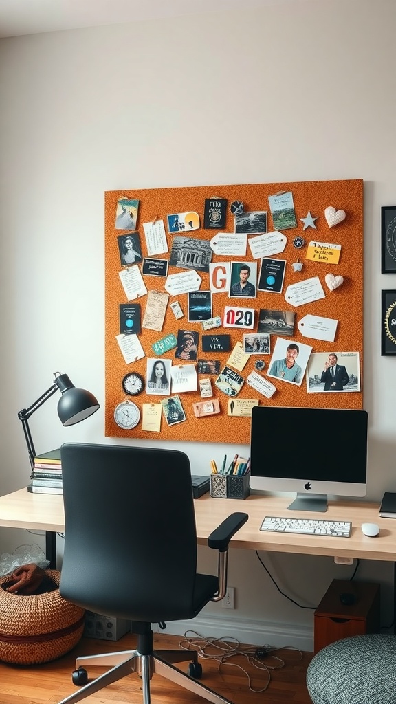 A cork board filled with various notes, photos, and custom pins in a home office setting.