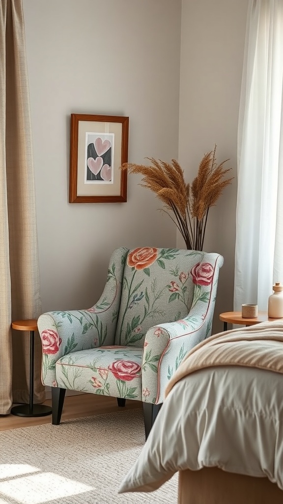 A beautifully hand-painted accent chair with floral designs in a cozy bedroom setting.