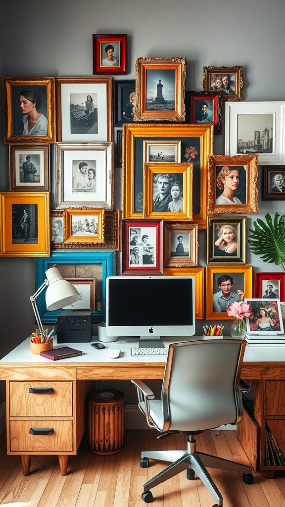 A wall decorated with an eclectic mix of picture frames in various colors and styles, surrounding a desk with a computer and office supplies.