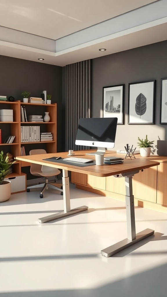 A stylish adjustable height desk in a modern home office setting.