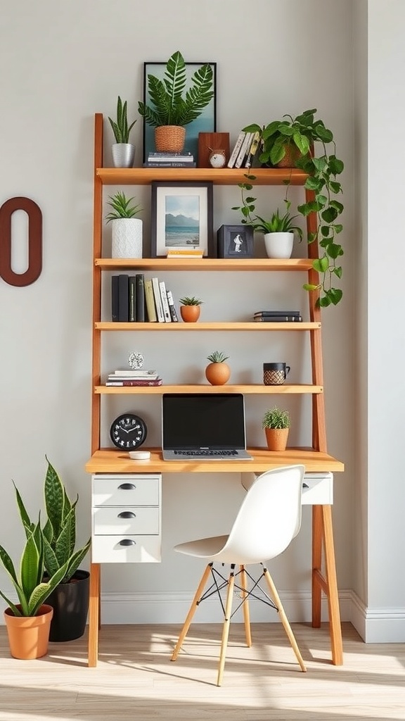 A ladder shelf with desk attachment featuring plants, books, and a laptop.