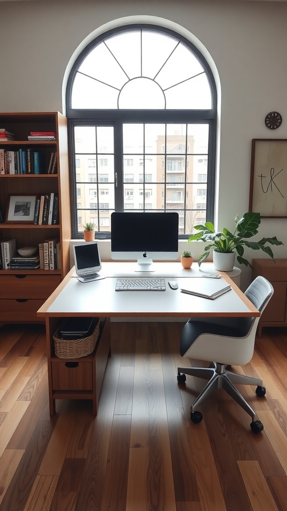 A stylish home office featuring a convertible desk with storage, a computer, and plants.