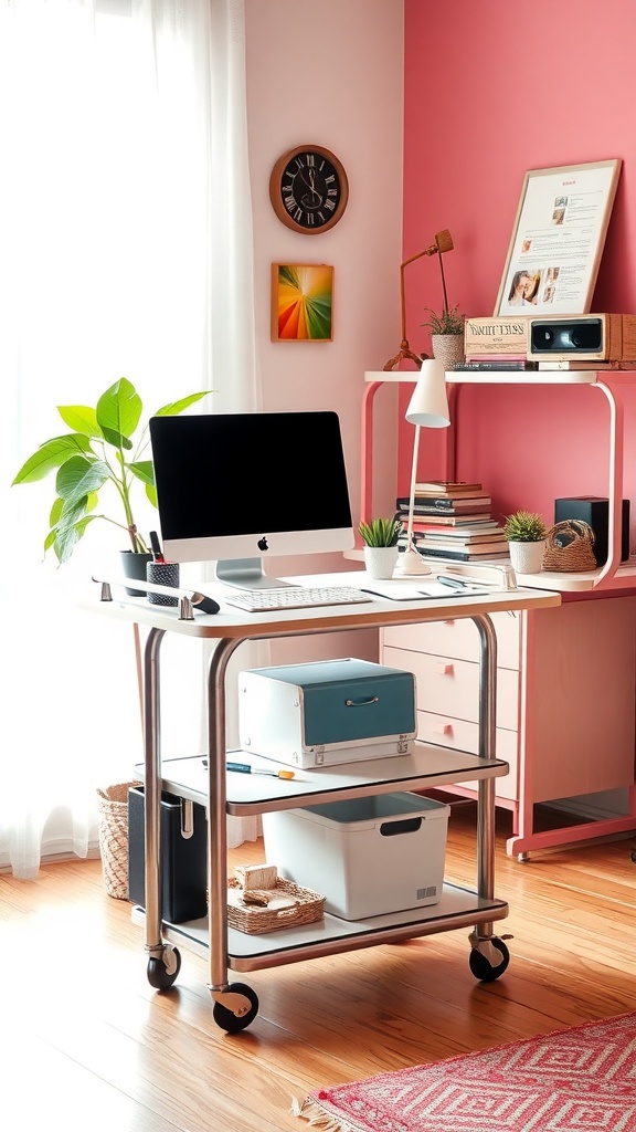A stylish rolling cart workspace with a computer, lamp, and storage boxes.